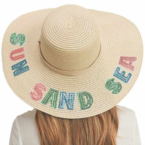 Sombrero Panamá de paja con mensaje de lentejuelas, color arena y sol - Beige