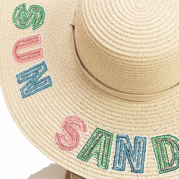 Beige Sun Sand Sea Sequin Message Straw Panama Sun Hat, a beautiful & comfortable Straw Panama Sun Hat is suitable for summer wear to amp up your beauty & make you more comfortable everywhere. Perfect for keeping the sun off your face, and neck. It's an excellent gift item for your friends & family or loved ones this summer.