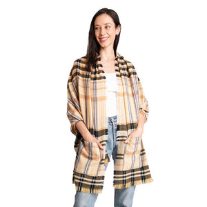Beige Tartan Check Front Pocket Poncho, is the perfect accessory to represent your beauty with comfortability. This sophisticated, flattering, and cozy poncho drapes beautifully for a relaxed, pulled-together look. A perfect gift accessory for your friends, family, and nearest and dearest ones. Suitable for Weekend, Work, Holiday, Beach, Party, Club, Night, Evening, Date, Casual and Other Occasions in Spring, Summer, and Autumn.