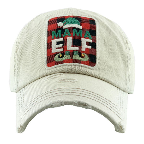 Beige Tartan Check MAMA ELF Vintage Baseball Cap. Fun cool Christmas themed vintage cap. Perfect for walks in sun, great for a bad hair day. The distressed frayed style with faded color gives it an awesome vintage look. Soft textured, embroidered message with fun statement will become your favorite cap.
