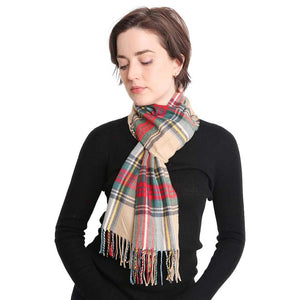 Beige Trendy Plaid Check Patterned Oblong Scarf, accent your look with this soft oblong scarf to receive compliments. It's beautifully designed with Plaid Check which makes your beauty more enriched. Highly versatile scarf and great for daily wear in the cold winter to protect you against the chill. A great wardrobe staple.