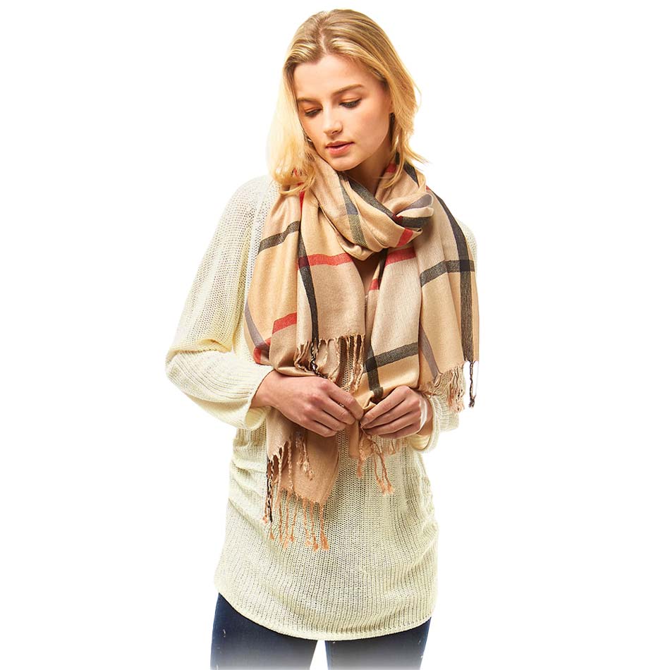 Beige Trendy Plaid Scarf, accent your look with this plaid scarf to receive compliments everywhere. It's beautifully designed with Plaid Check which makes your beauty more enriched. Highly versatile scarf and great for daily wear in the cold winter to protect you against the chill. It gives many options to dress your attire up and goes well with everything from jeans and a tee to work trousers and a sweater.