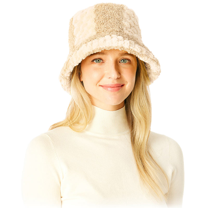 Beige Two Tone Faux Fur Bucket Hat, This Faux Fur bucket hat is nicely designed and a great addition to your attire. Have fun and look Stylish anywhere outdoors. Great for covering up when you are having a bad hair day. Perfect for protecting you from the wind, snow, beach, pool, camping, or any outdoor activities in cold weather. Amps up your outlook with confidence with this trendy bucket hat. It's the autumnal touch you need to finish your outfit in style. Awesome winter gift accessory! 