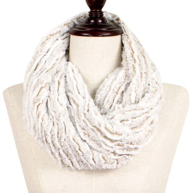 Beige Two Tone Fuzzy Fur Infinity Scarf. Fashionable and stylish, Accent your look with this soft, highly versatile scarf. Great for daily wear in the cold winter to protect you against chill, classic infinity-style scarf & amps up the glamour with plush material that feels amazing snuggled up against your cheeks. This elegant premium quality scarf is a great addition to your collection of fashion accessories. Awesome winter gift accessory!