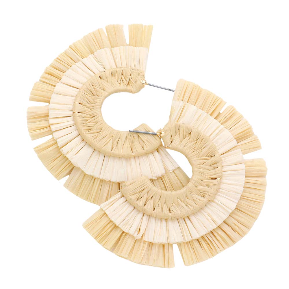 Beige Two Tone Raffia Half Round Earrings, enhance your attire with these beautiful raffia half-round earrings to show off your fun trendsetting style. Can be worn with any daily wear such as shirts, dresses, T-shirts, etc. These half-round earrings will garner compliments all day long. Whether day or night, on vacation, or on a date, whether you're wearing a dress or a coat, these earrings will make you look more glamorous and beautiful. 