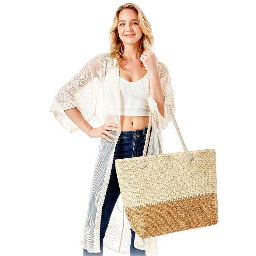 Beige Two Tone Straw Beach Tote Bag, Show your trendy side with this awesome straw beach tote bag. Spacious enough for carrying any and all of your seaside essentials. The straps  helps carrying this shoulder bag comfortably. Perfect as a beach bag to carry foods, drinks, big beach blanket, towels, swimsuit, toys, flip flops, sun screen and more.