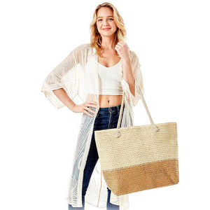 Beige Two Tone Straw Beach Tote Bag, Show your trendy side with this awesome straw beach tote bag. Spacious enough for carrying any and all of your seaside essentials. The straps  helps carrying this shoulder bag comfortably. Perfect as a beach bag to carry foods, drinks, big beach blanket, towels, swimsuit, toys, flip flops, sun screen and more.