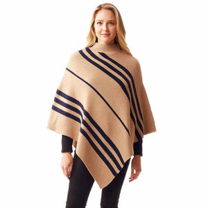 Beige Vertical Striped Turtle Neck Collar Poncho, provides warmth, comfort in a cold day while keeping your look chic and feminine. Coordinates with all your winter outfits. Perfect Birthday Gift, Christmas Gift, Anniversary Gift, Regalo Navidad, Regalo Cumpleanos, Valentine's Day Gift, Dia del Amor, Asymmetrical Poncho Wrap