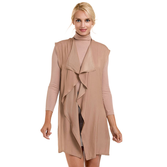 Beige Waterfall Lapel Satin Vest, Luxurious, trendy, super soft chic capelet, keeps you warm and toasty. You can throw it on over so many pieces elevating any casual outfit! Perfect Gift for Wife, Birthday, Holiday, Christmas, Anniversary, Fun