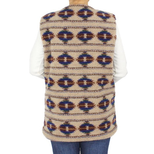 Beige Western Sherpa Print Tribal Pattern Stylish Pocket Vest Outwear Cover; the perfect accessory, luxurious, trendy, super soft chic capelet, keeps you warm & toasty. You can throw it on over so many pieces elevating any casual outfit! Perfect Gift Birthday, Holiday, Christmas, Anniversary, Wife, Mom, Special Occasion