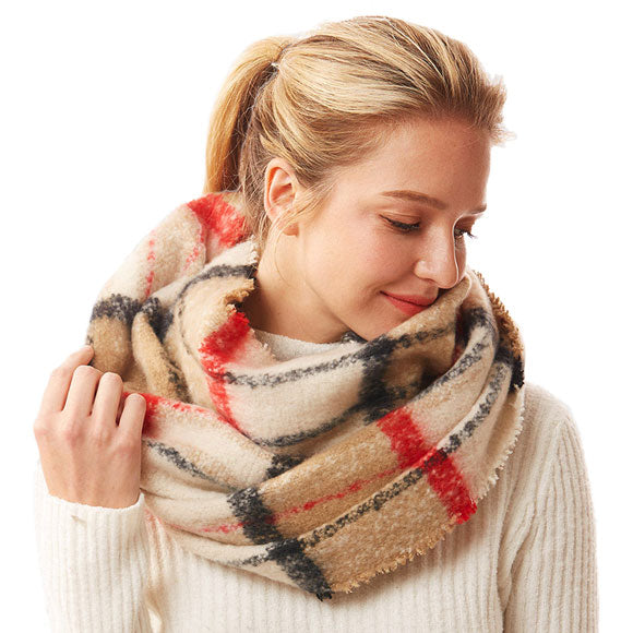 Beige Winter Acrylic Colorful Plaid Check Infinity Scarf, accent your look with this soft, highly versatile plaid scarf. A rugged staple brings a classic look, adds a pop of color & completes your outfit, keeping you cozy & toasty. Perfect Gift Birthday, Holiday, Christmas, Anniversary, Valentine's Day