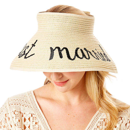 Beige Just Married Message Roll Up Foldable Visor Sun Hat, This visor hat with Just Married Message is Open top design offers great ventilation and heat dissipation. Features a roll-up function; incredibly convenient as it is foldable for easy storage or for taking on the go while traveling. Wonderful UV Protection Summer sun hat that is perfect for gardening, walking along the beach, hanging by the pool, or any other outdoor activities.