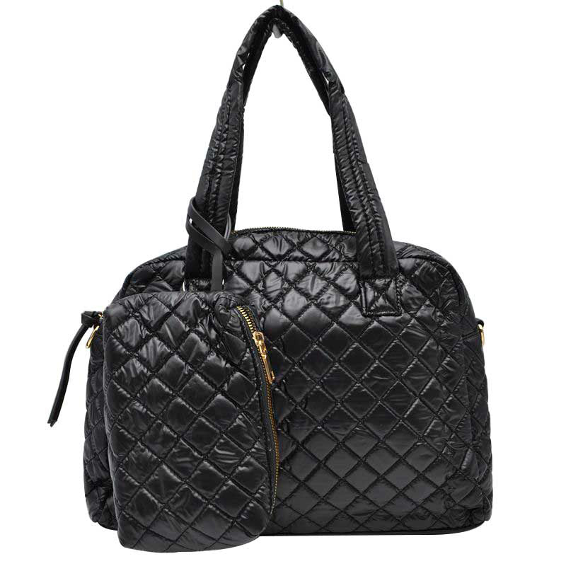 Black 2 N 1 Large Quilted Tote Bag With Pouch, has plenty of room to carry all your handy items with ease. It also comes with a removable insert bag that doubles as lining to the bag or can be removed and worn as a shoulder bag. Trendy and beautiful bag that amps up your outlook while carrying. Great for different activities including quick getaways, long weekends, picnics, beach, or even going to the gym!  Easy to carry with you in your hands or around your shoulders.
