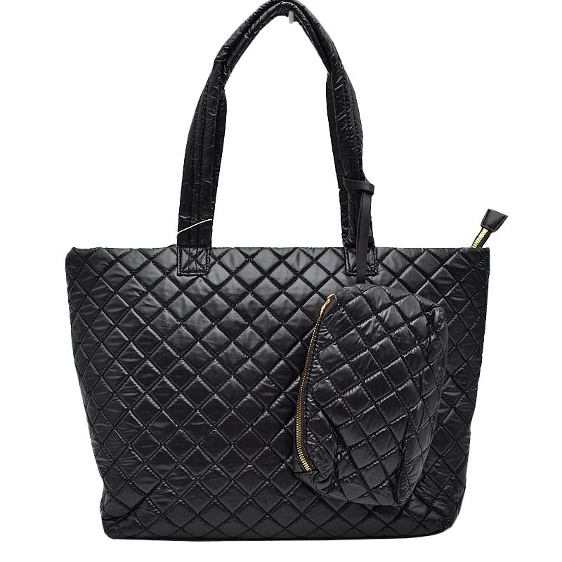 Black 2 N 1 Large Quilted Zipper Tote With Pouch, has plenty of room to carry all your handy items with ease. It also comes with a removable insert bag that doubles as lining to the bag or can be removed and worn as a shoulder bag. Great for different activities including quick getaways, long weekends, picnics, beach, or even going to the gym! Easy to carry with you in your hands or around your shoulders. This 2 in 1 tote bag is just what the boss lady needs! Stay comfortable.
