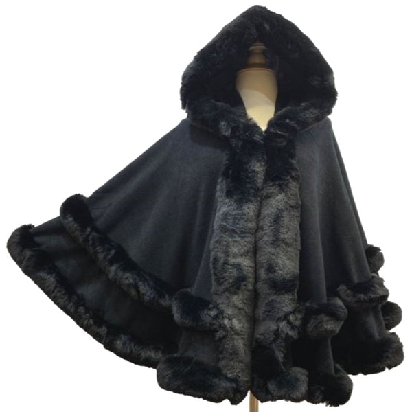 Elegant 2 Row Faux Fur Trim Knit Poncho Ruana Cape