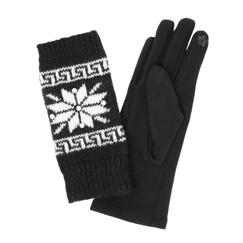Black 3 in 1 Knitted Snowflake Pearl Accented Smart Gloves, a pair of gorgeous snowflake themed gloves are practical and fashionable that make you more elegant and charming. They also keep your arms and hands warm enough and save you from the cold weather and chill. It's touchscreen compatible and stretches for a snug fit. Wear with any outfit with a perfect match at any place to add laughter, inspiration & joy to Christmas celebrations.