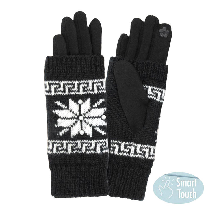 Black 3 in 1 Knitted Snowflake Pearl Accented Smart Gloves, a pair of gorgeous snowflake themed gloves are practical and fashionable that make you more elegant and charming. They also keep your arms and hands warm enough and save you from the cold weather and chill. It's touchscreen compatible and stretches for a snug fit. Wear with any outfit with a perfect match at any place to add laughter, inspiration & joy to Christmas celebrations.