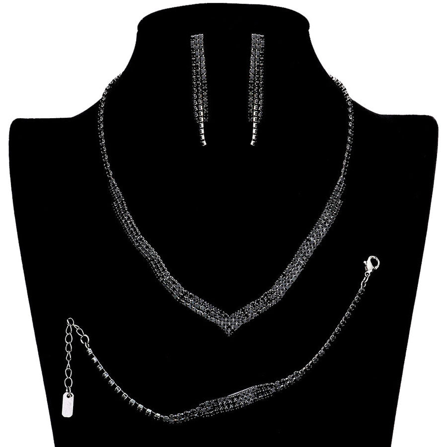 Black 3PCS 3Rows Crystal Rhinestone Necklace Jewelry Set. These gorgeous Rhinestone pieces will show your class in any special occasion. The elegance of these Crystal goes unmatched, great for wearing at a party! . Perfect for adding just the right amount of glamour and sophistication to important occasions. These classy necklaces are perfect for Party, Wedding and Evening. Awesome gift for birthday, Anniversary, Valentine’s Day or any special occasion.