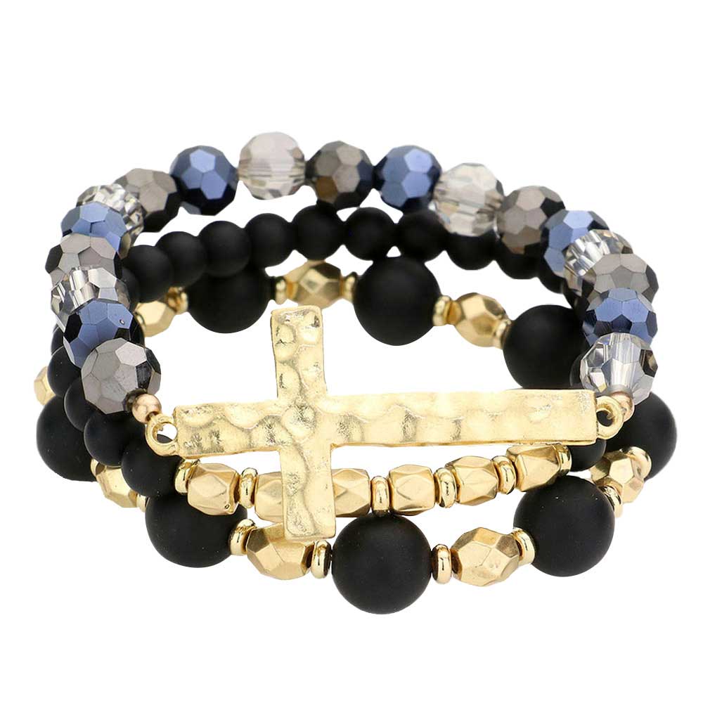 Black 3PCS Hammered Metal Cross Pendant Beaded Layered Bracelets,  Add this 3 piece beaded layered bracelet to light up any outfit, feel absolutely flawless. Fabulous fashion and sleek style adds a pop of pretty color to your attire, coordinate with any ensemble from business casual to everyday wear. Pair these with tees and jeans and you are good to go. Perfect gift idea for Birthday, Anniversary, Prom Jewelry, Thank you Gift or any special occasion.