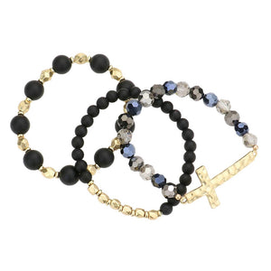Black 3PCS Hammered Metal Cross Pendant Beaded Layered Bracelets,  Add this 3 piece beaded layered bracelet to light up any outfit, feel absolutely flawless. Fabulous fashion and sleek style adds a pop of pretty color to your attire, coordinate with any ensemble from business casual to everyday wear. Pair these with tees and jeans and you are good to go. Perfect gift idea for Birthday, Anniversary, Prom Jewelry, Thank you Gift or any special occasion.