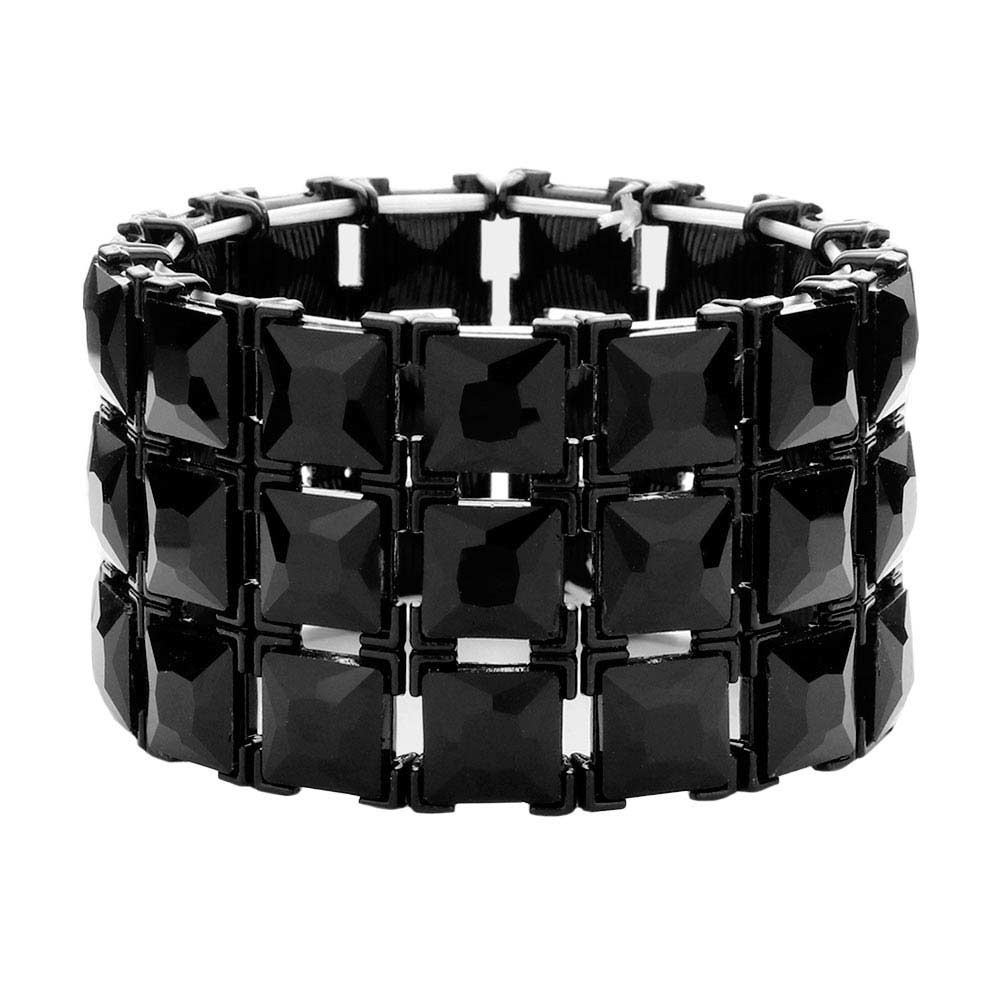 Jet Black 3Rows Square Stone Stretch Evening Bracelet, Get ready with this stretchable Bracelet and put on a pop of color to complete your ensemble. Perfect for adding just the right amount of shimmer & shine and a touch of class to special events. Wear with different outfits to add perfect luxe and class with incomparable beauty. Just what you need to update in your wardrobe.