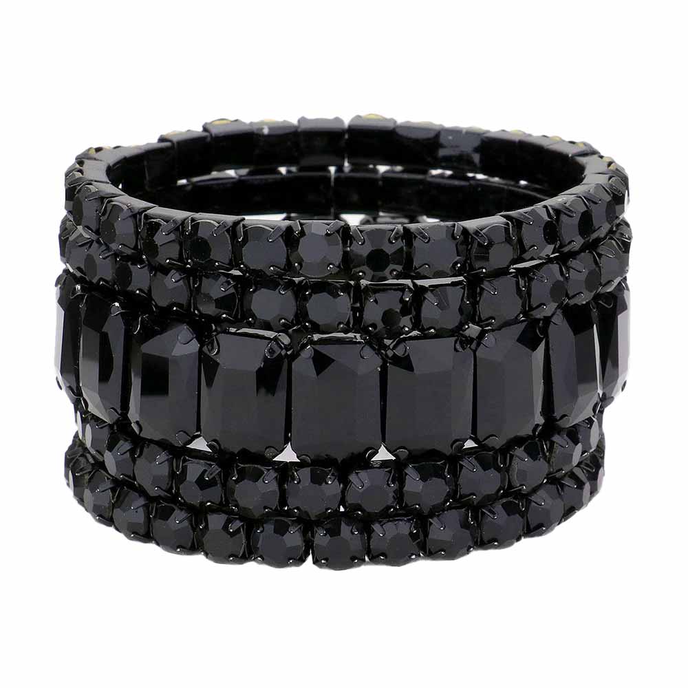 Black 5PCS Rectangle Round Stone Stretch Multi Layered Bracelets, Add this 5 piece multi layered bracelet to light up any outfit, feel absolutely flawless. perfectly lightweight for all-day wear, coordinate with any ensemble from business casual to everyday wear, put on a pop of color to complete your ensemble. Awesome gift idea for birthday, Anniversary, Valentine’s Day or any special occasion.