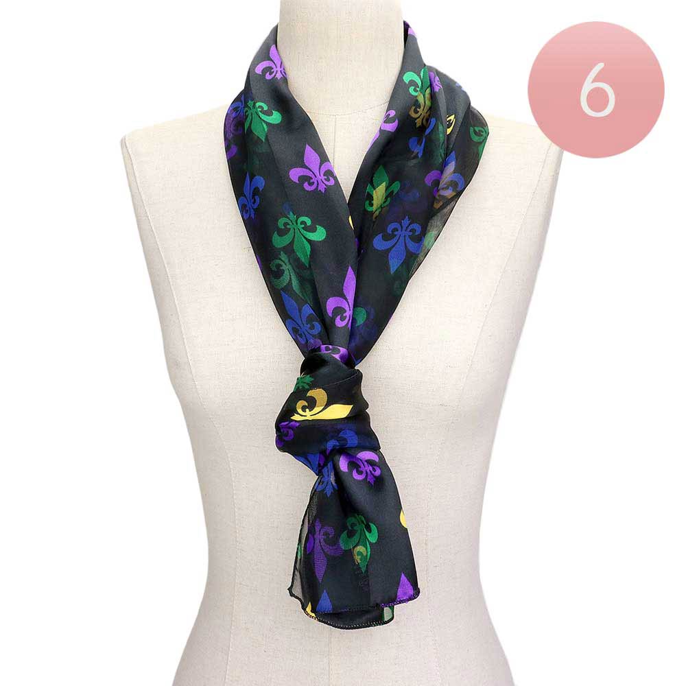 Gold 6PCS Silk Satin Mardi Gras Fleur de Lis Patterned Scarves, are beautifully designed with Fleur De Lis that will add a festive look and the color combination make you stand out. Wear these beautiful Mardi Gras-themed scarves to get immediate compliments. Highlight your appearance and grasp everyone's eye at any place.