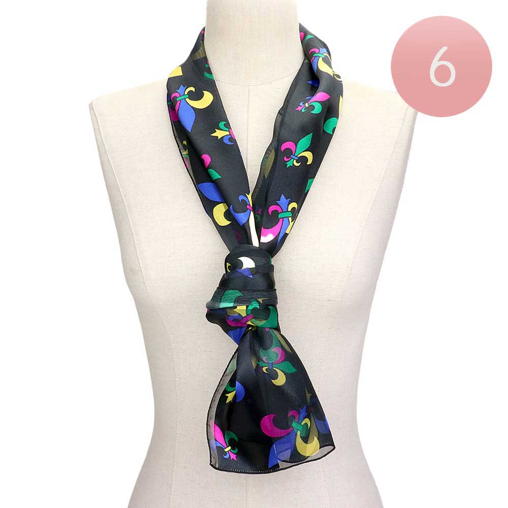 Black 6PCS Silk Satin Mardi Gras Fleur de Lis Patterned Scarves, is beautifully designed with Fleur De Lis that will add a festive look and the color combination make you stand out. Wear these beautiful Mardi Gras-themed Scarves to get immediate compliments. Highlight your appearance and grasp everyone's eye at any place.
