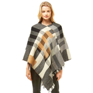 Black Acrylic Fall Winter Outwear Multi Colored Plaid Poncho, the perfect accessory, luxurious, trendy, super soft chic capelet, keeps you warm and toasty. You can throw it on over so many pieces elevating any casual outfit! Perfect Gift for Wife, Mom, Birthday, Holiday, Christmas, Anniversary, Fun Night Out