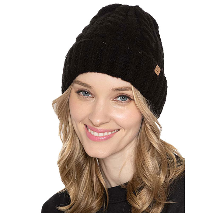 Black Acrylic One Size Cable Knit Cuff Beanie Hat, Before running out the door into the cool air, you’ll want to reach for these toasty beanie to keep your hands warm. Accessorize the fun way with these beanie, it's the autumnal touch you need to finish your outfit in style. Awesome winter gift accessory!
