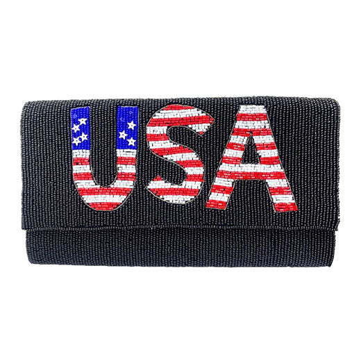 White American USA Flag Beaded Clutch Crossbody Bag. Look like the ultimate fashionista when carrying this small chic bag, great for when you need something small to carry or drop in your bag. Keep your keys handy & ready for opening doors as soon as you arrive. Perfect Birthday Gift, Anniversary Gift, Mother's Day Gift.
