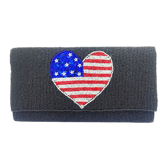 Black American USA Flag Heart Seed Beaded Clutch Crossbody Bag. Look like the ultimate fashionista when carrying this small chic bag, great for when you need something small to carry or drop in your bag. Keep your keys handy & ready for opening doors as soon as you arrive. Perfect Birthday Gift, Anniversary Gift, Mother's Day Gift.