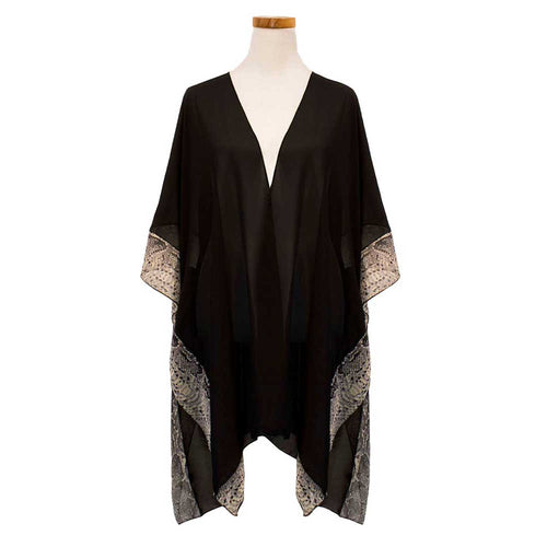 Poncho kimono de gasa con borde de animales - Negro