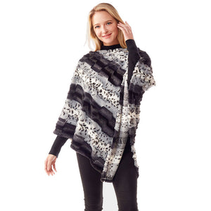 Black Animal Patterned Faux Fur Soft Poncho, the perfect accessory, luxurious, trendy, super soft chic capelet, keeps you warm and toasty. You can throw it on over so many pieces elevating any casual outfit! Perfect Gift for Wife, Mom, Birthday, Holiday, Christmas, Anniversary, Fun Night Out