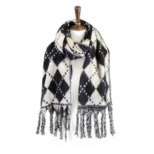 Black Argyle Print Oblong Scarf With Fringe, this stylish scarves featuring Argyle Print with fringe combines great fall style with comfort and warmth. Whether you need a little something around your shoulders on a chilly weather or a fashionable Oblong scarves to compliment any outfit are what you need. The super soft acrylic gives them a luxurious feel. Awesome winter accessory gift idea.