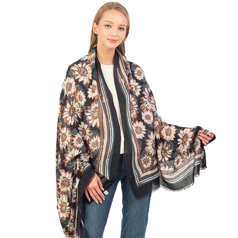 Black Autumn Sunflower Pattern Oblong Scarf, Accent your look with this soft, highly versatile scarf. It's an on-trend & fabulous scarf that will amp up your beauty & make you stand out with a beautiful sunflower pattern. Great for daily wear in the cold winter to protect you against the chill.