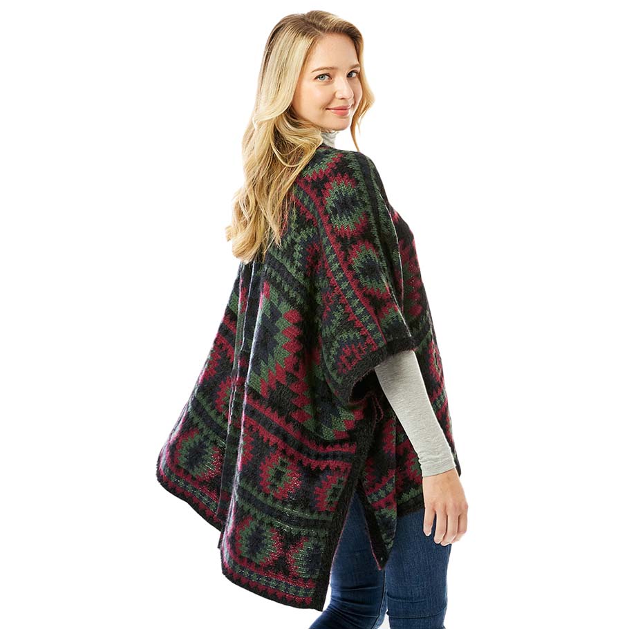 Black Aztec Pattern Ruana, is perfect wear to keep you warm and toasty on winter and cold days. Its beautiful color variation goes with every outfit and surely makes you stand out from the crowd. It ensures your upper body keeps perfectly toasty when the temperatures drop. It's the timelessly beautiful poncho that feels exceptionally comfortable to wear. It goes with all your winter outfits to give you a unique yet classy outlook. You can throw it on over so many pieces elevating any casual outfit!
