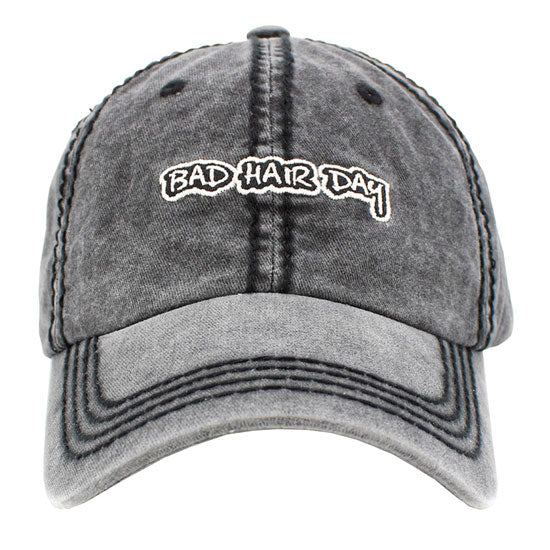 Black BAD HAIR DAY Vintage Baseball Cap. Fun cool message themed vintage baseball cap. Perfect for walks in sun, great for a bad hair day. The distressed frayed style with faded color gives it an awesome vintage look. Soft textured, embroidered message with fun statement will become your favorite cap.