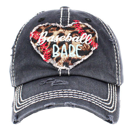 Black Baseball Babe Leopard Patterned Heart Vintage Baseball Cap. Fun cool message themed vintage baseball cap. Perfect for walks in sun, great for a bad hair day. The distressed frayed style with faded colour gives it an awesome vintage look. Soft textured, embroidered message with fun statement will become your favourite cap.