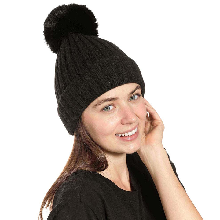 Black Beautiful Cable Knit Pom Pom Beanie Hat, Before running out the door into the cool air, you’ll want to reach for this toasty beanie to keep you incredibly warm. Whenever you wear this beanie hat, you'll look like the ultimate fashionista. Accessorize the fun way with this faux fur pom pom hat, it's the autumnal touch you need to finish your outfit in style. Awesome winter gift accessory! Perfect Gift Birthday, Christmas, Stocking Stuffer, Secret Santa, Holiday, Anniversary, Valentine's Day, etc.