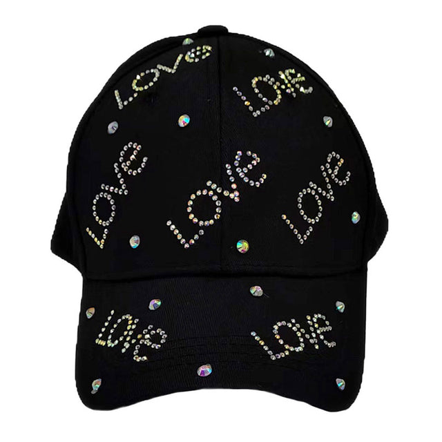 Black Bling Love Message Patterned Baseball Cap, these baseball cap make you sparkly on the party, absolutely get many compliments. Show your trendy side with this lovely  Baseball hat. The bling Studs cap is perfect for night out, outdoor event, hip hop fashion, Halloween costume, shopping, dating, wedding, music festival, evening party, prom, travel, beach, vacations, cocktail party and even for casual business wear.