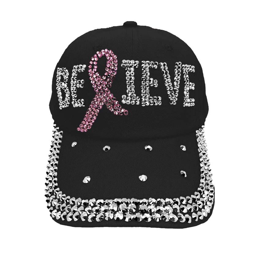 Black Bling Pink Ribbon Believe Message Baseball Cap,  a beautiful Baseball Cap for smart and trendy women! Perfect for walks in the sun or rain, great for a bad hair day, and still looks cool. Soft textured, embroidered message and distressing contrast stitching baseball cap with Believe message will become your favorite cap. show your trendy side with this Pink Ribbon-themed baseball cap. Make You More Attractive And Beautiful Among The Crowd. Have fun and look Stylish.