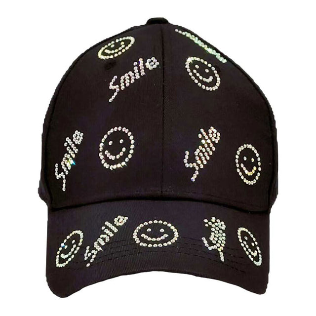 Black Bling Smile Message Smile Face Patterned Baseball Cap, show your trendy side with this smile themed baseball cap Make You More Attractive And Charming Among The Crowd. Have fun and look Stylish. Great for covering up when you are having a bad hair day and still looking cool. Perfect for protecting you from the sun, rain, wind, snow on outdoor activities and You Protect Your Skin From Harmful Uv Rays And Keep Your Hair Away From Your Face And Eyes.