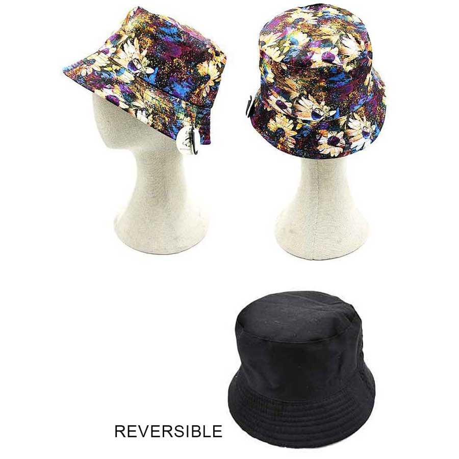 Black Blue Flower Patterned Reversible Bucket Hat, show your trendy side with this flower patterned bucket hat. Have fun and look Stylish. You can easily fold this bucket hat and put it in any backpack. Great for covering up when you are having a bad hair day, perfect for keeping the sun off of your face, neck, and shoulders Perfect summer, beach accessory.