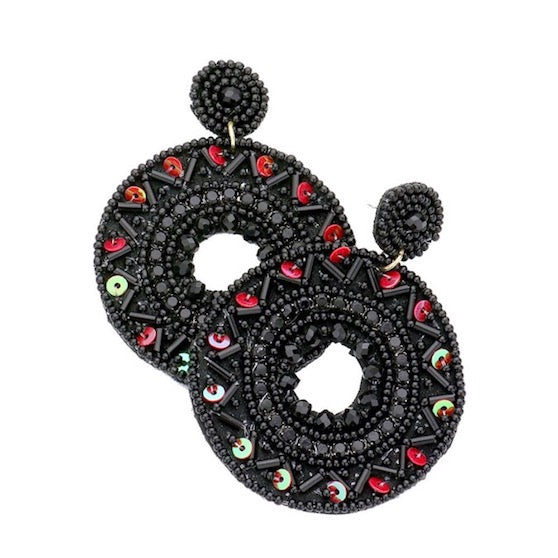 Black Boho Sequin Multi Beaded Detailed Open Circle Statement Dangle Earrings, jewelry that fits your lifestyle, adding pop of color. Enhance your attire with the vibrant handcrafted beautiful modish statement jewelry! Perfect Birthday Gift, Anniversary, Christmas Present, Vacation Attire, Just Because Gift, Funky Jewelry