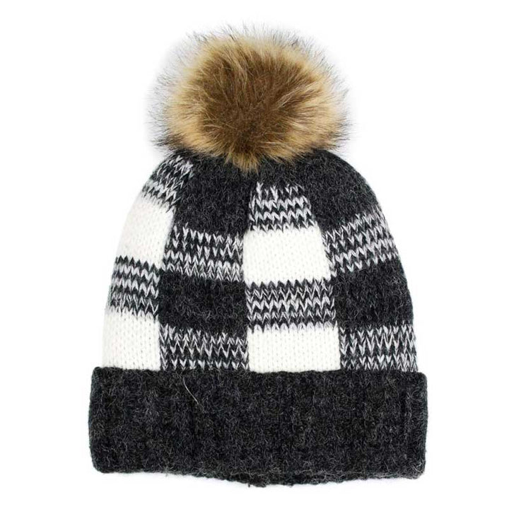 Black Buffalo Check Pattern Faux Pom Pom Knit Beanie Hat, Before running out the door into the cool air, you’ll want to reach for this toasty beanie to keep you incredibly warm. Accessorize the fun way with this faux fur pom pom hat, its the autumn touch you need to finish your outfit in style. Awesome winter gift accessory!