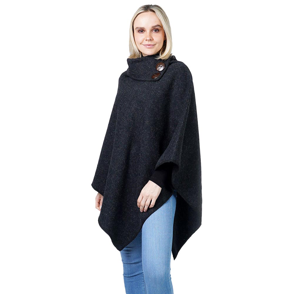 Black Button Deco Collar Poncho, ensures your upper body stays perfectly toasty when the temperatures drop or on the cold days. A beautiful, fashionable and eye-catcher, will quickly become one of your favorite accessories. Keeps you perfectly warm and goes with all your winter outfits. Timelessly beautiful, gently nestles around the neck and feels exceptionally comfortable to wear. A perfect gift for the persons you care. Happy winter!