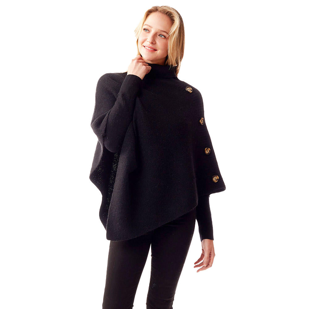 Black Button Pointed Solid Turtle Neck Poncho, provides warmth, comfort in a cold day while keeping your look chic and feminine. Coordinates with all your winter outfits. Perfect Birthday Gift, Christmas Gift, Anniversary Gift, Regalo Navidad, Regalo Cumpleanos, Valentine's Day Gift, Dia del Amor, Asymmetrical Poncho Wrap