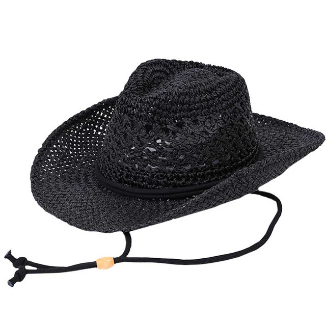 Black C.C Paper Straw Open Weaved Cowboy Hat, Keep your styles on even when you are relaxing at the pool or playing at the beach. Large, comfortable, and perfect for keeping the sun off of your face, neck, and shoulders. Perfect summer, beach accessory. Ideal for travelers who are on vacation or just spending some time in the great outdoors. A cowboy hat can keep you cool and comfortable even when the sun is high in the sky.