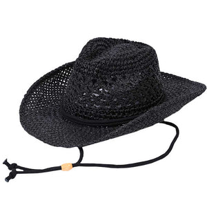 Black C.C Paper Straw Open Weaved Cowboy Hat, Keep your styles on even when you are relaxing at the pool or playing at the beach. Large, comfortable, and perfect for keeping the sun off of your face, neck, and shoulders. Perfect summer, beach accessory. Ideal for travelers who are on vacation or just spending some time in the great outdoors. A cowboy hat can keep you cool and comfortable even when the sun is high in the sky.